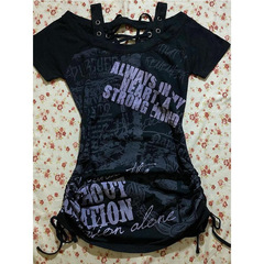 花未ヴィンテージ大衆デザイン感ウエスト黒プリントtシャツ気質痩せレトロ上着女