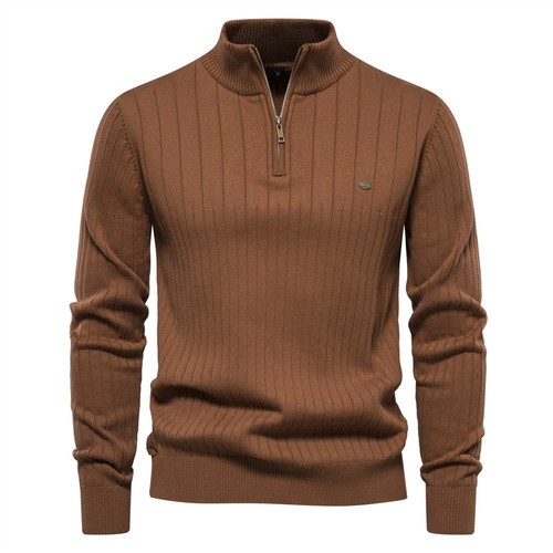 Autumn/Winter European Size Collar Men's Pullover Half-Zip Solid Color Knit Sweater High-Quality Men's Sweater