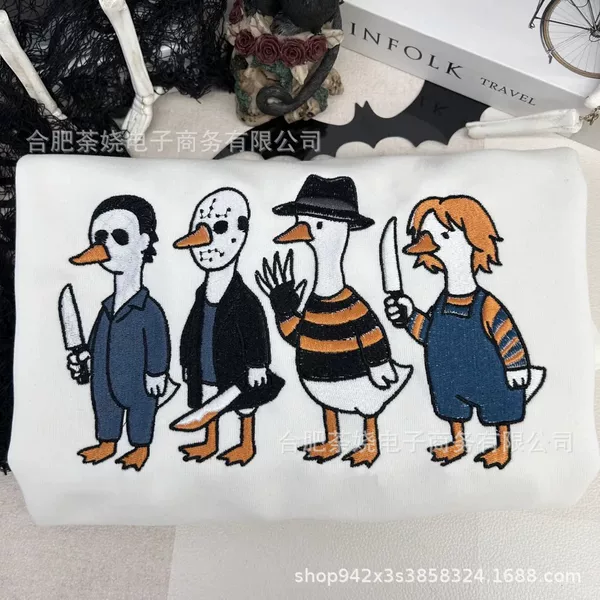 Cross-Border Popular Weird Animal Halloween Elements Ghost Goose Pumpkin Head Embroidery a Customized Round Neck Sweatshirt