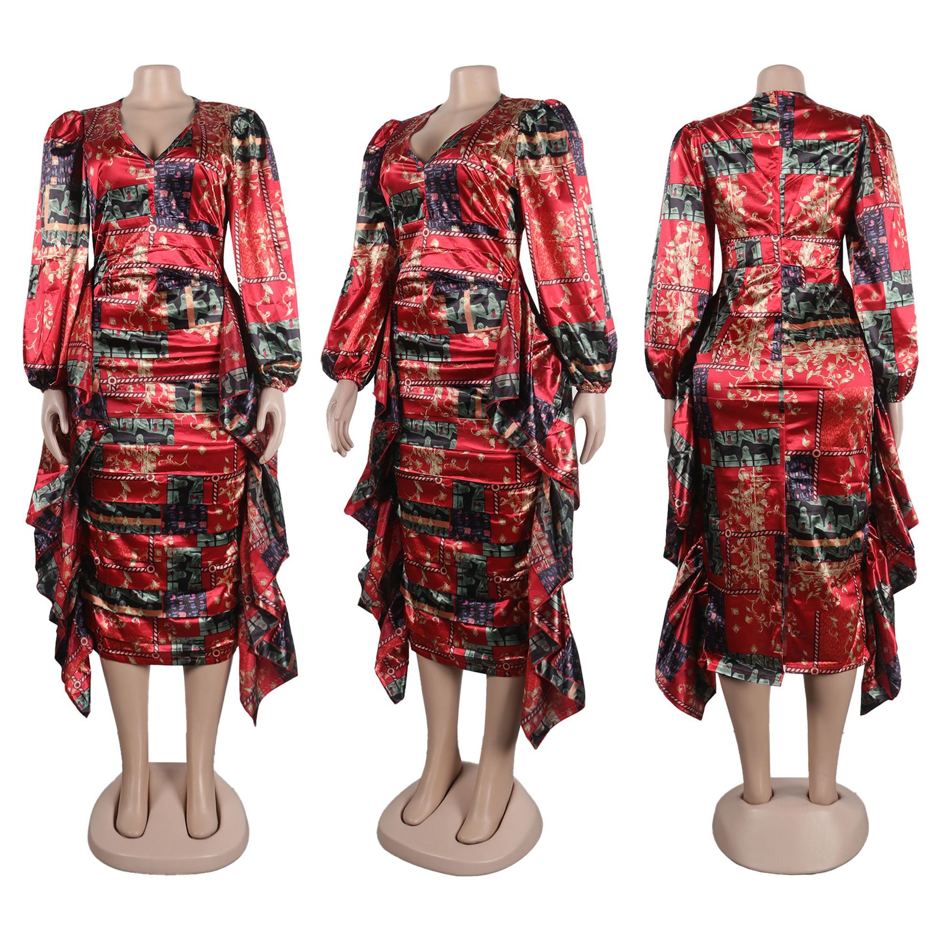 Women's Clothing Sexy Printed Ruffled Lantern Sleeve Hip Hugging Slim Fit Long Sleeve Dress_voghion.com
