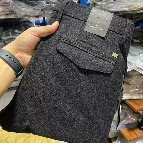 Special Discount MD Herringbone Fall Winter Stretch Slim Fit Thickened Woolen Straight-Leg Casual Pants for Men 1021