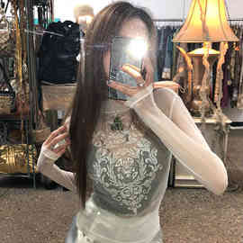 美式辣妹风透视网纱印花长袖t恤女夏季休闲百搭显瘦打底衫上衣潮