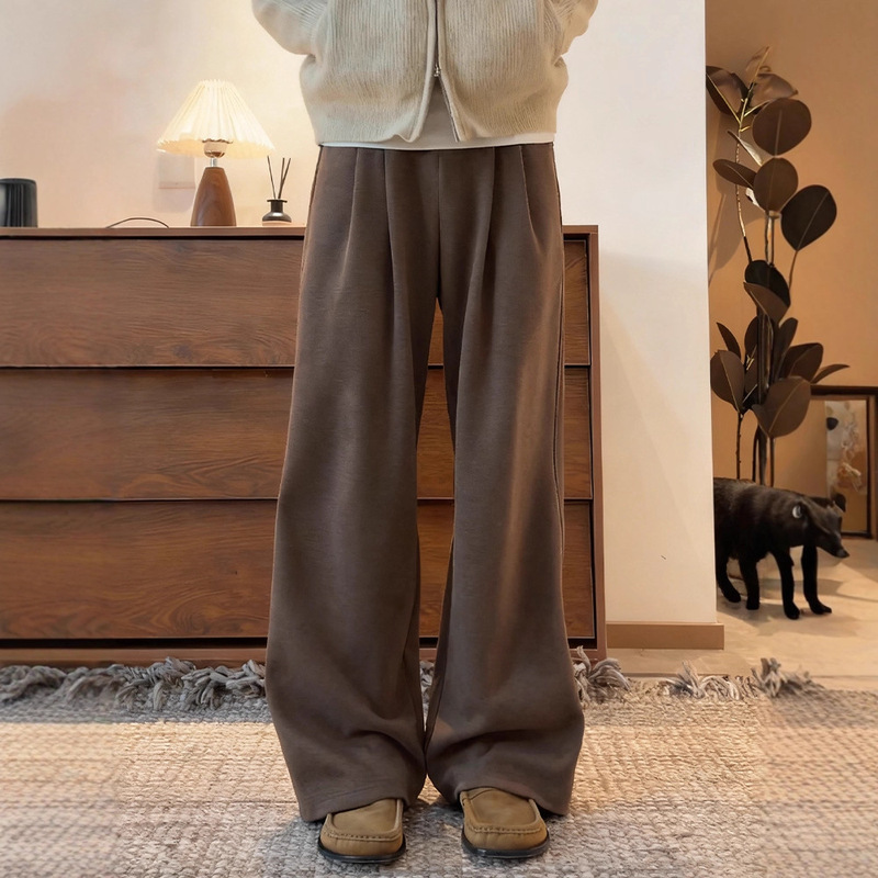 Brown Vintage-Style Flared Sweatpants for Men, Autumn and Winter Cleanfit Drape Pants, American Retro Casual Dress Pants