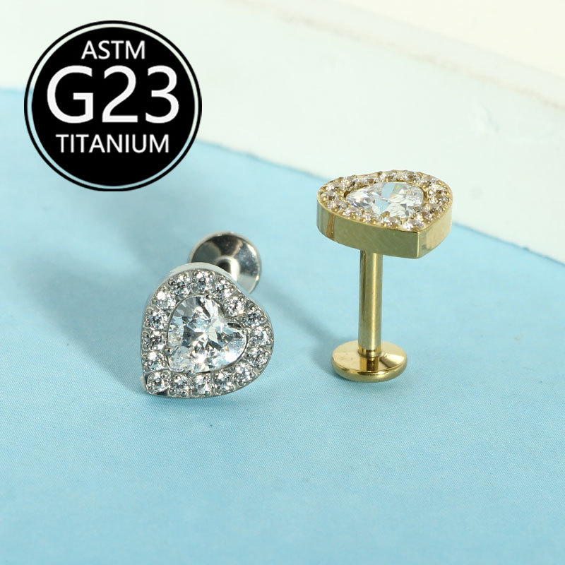 G23 Titanium Full Diamond Heart Lip Nail Earrings Implant Grade Skin-Friendly Ear Bone Piercing Jewelry detail image 7