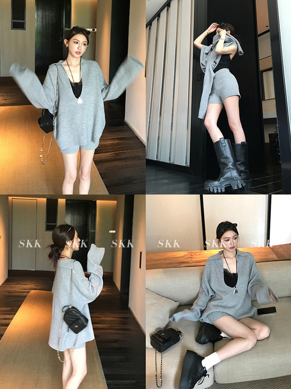 Skk Store 自在起居 松弛感羊毛大V领坑条针织衫短裤休闲套装女秋|undefined