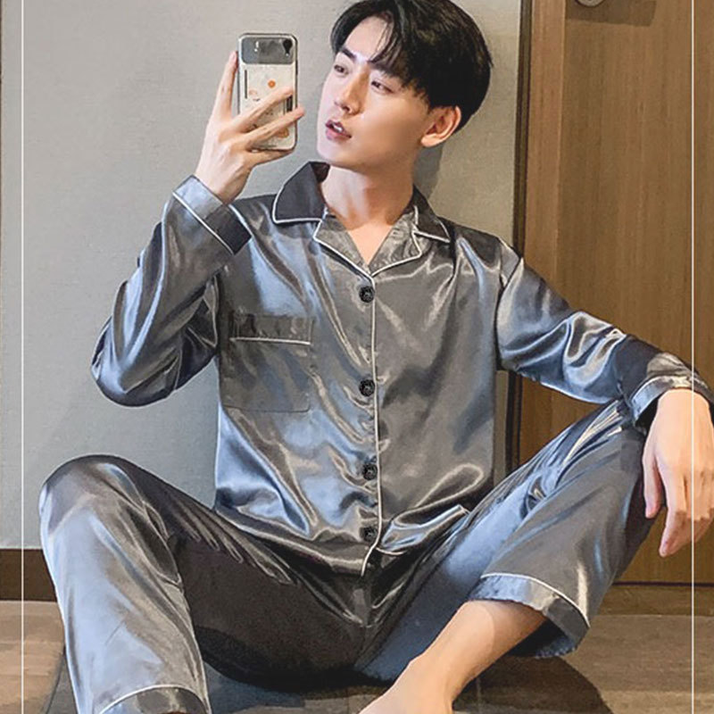 S 더블 기장 남성용 아이스 실크 가디건 그레이 블루