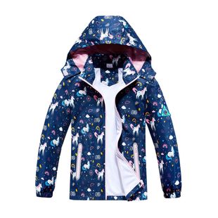 Girls' outdoor waterproof breathable hooded zipper jacket fashionable sports printed unicorn trench coat