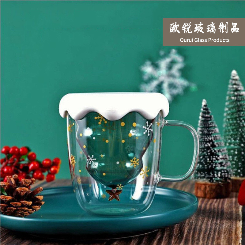 Taza de árbol de Navidad de doble vidrio Taza de café con leche con asa Taza de deseo linda chica Taza de Navidad con tapa