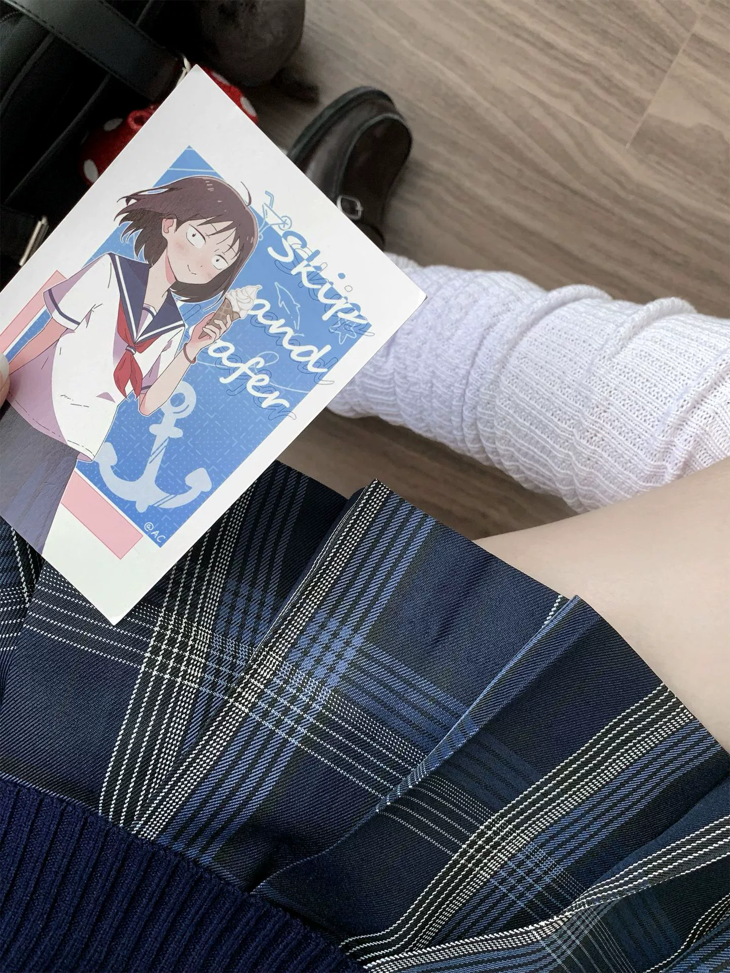 Japanese genuine uniform, blue colored plaid pleated skirt