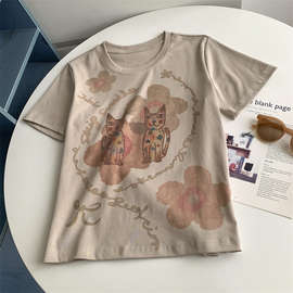 卡通减龄设计感印花猫咪短袖T新款纯棉圆领正肩短款百搭休闲上衣