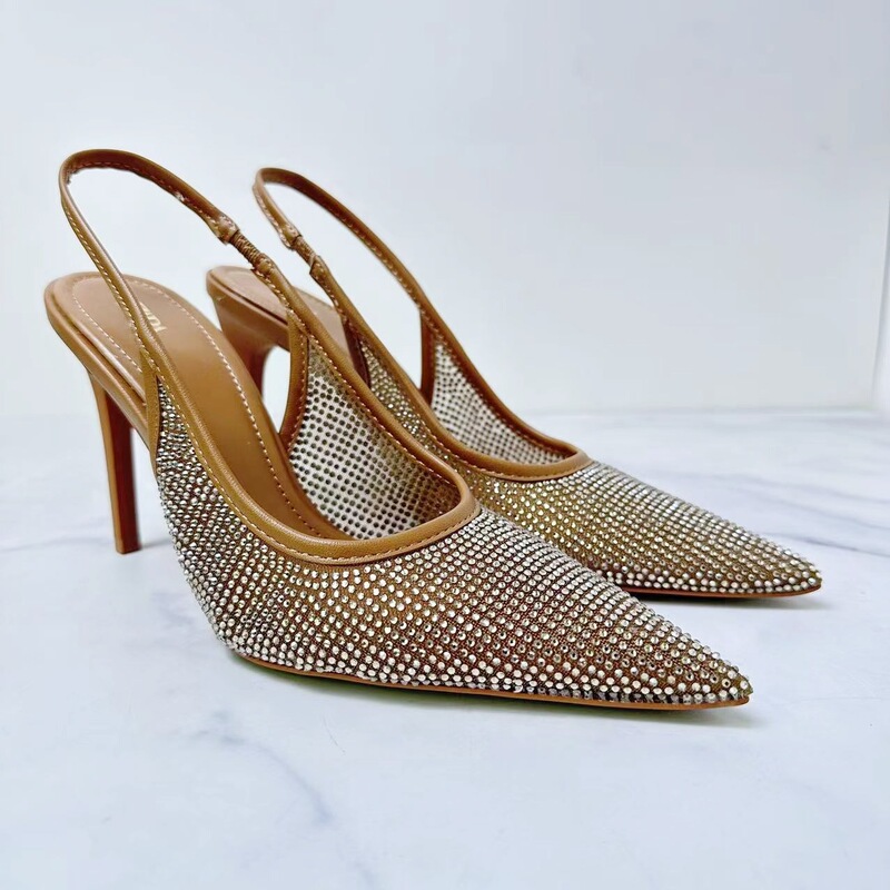 ZA2024 spring new women's shoes Brown fashion bright diamond mesh slingback high heel sandals for women