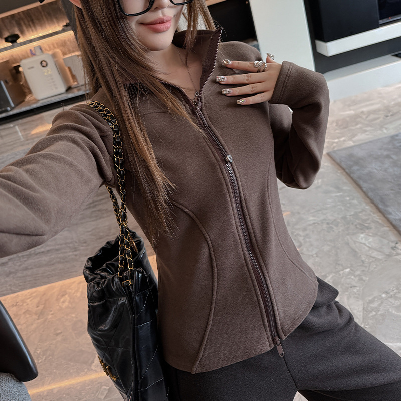 W Autumn and Winter German Velvet Jacket, Half-High Collar Zipper Cardigan, Women's Double-Sided Brushed, Slim-Fit, Waist-Cinching, Inner Layer Top