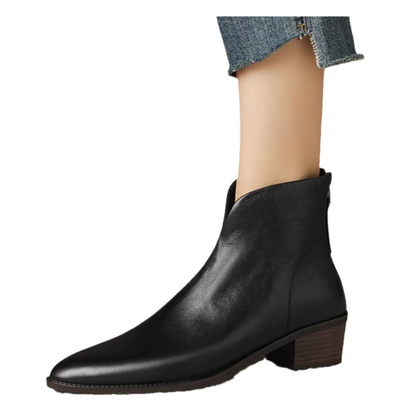 Трансграничные ботильоны на толстом каблуке в стиле ретро с острым носом, женские 2023, французская осень и зима, новые модные сапоги на среднем каблуке на молнии сзади, голые кости