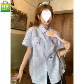 蓝色polo领刺绣短袖衬衫女多巴胺穿搭初夏装chic上衣别致格子衬衣