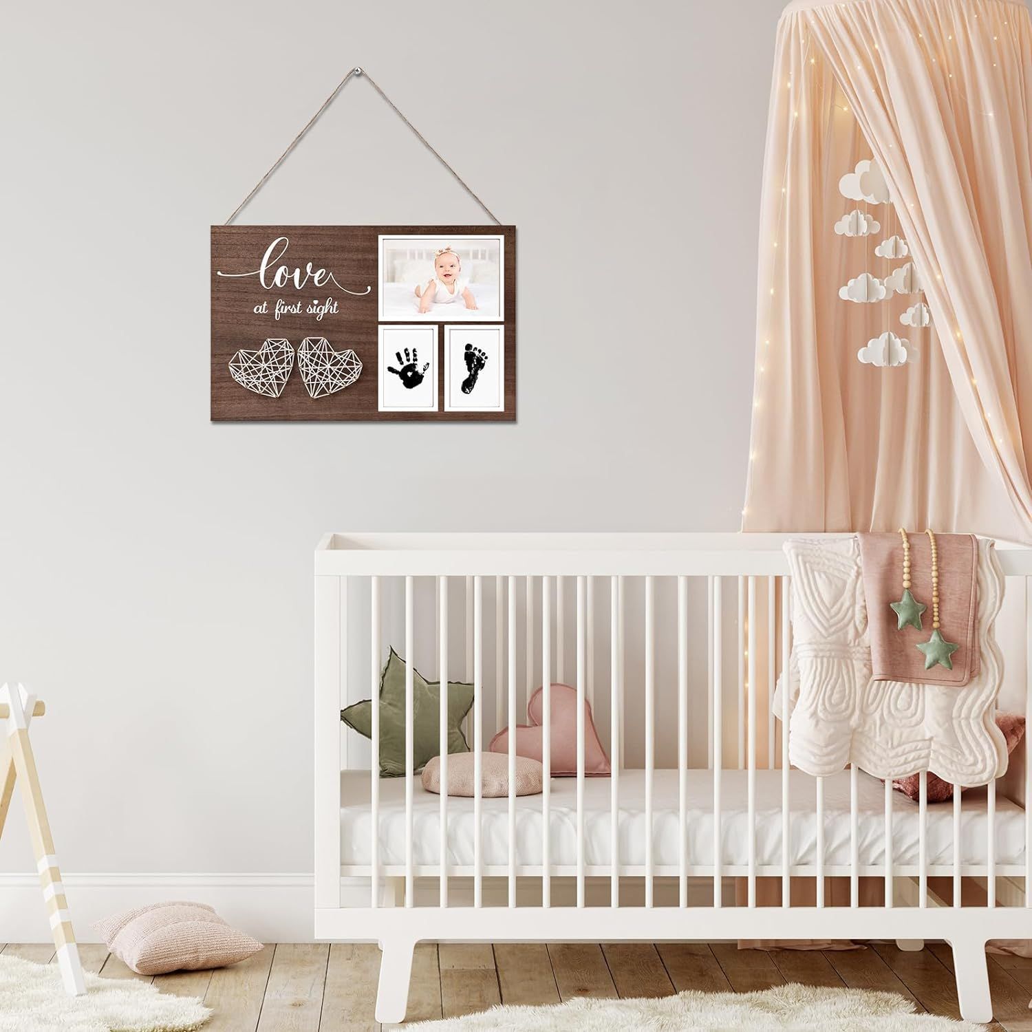 Marco de fotos de bebé de madera Mesa creativa impresión tinta colgante marco de fotos en forma de corazón latido bobinado
