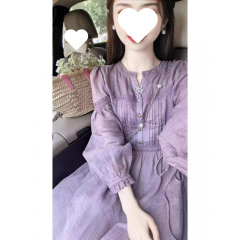 紫色连衣裙女春2025新款法式复古重工圆领长袖超好看衬衫气质长裙