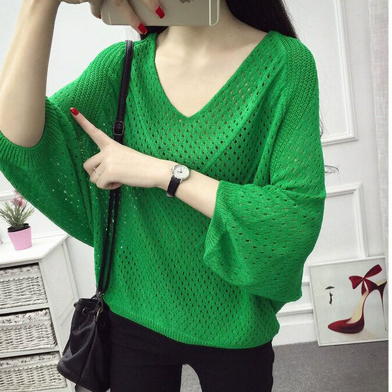 Весенне-летняя одежда Тонкий пуловер с V-образным вырезом Свитер Женский Топ 2023 Полый свитер с семью рукавами Женский свободный свитер-Бэтмобиль