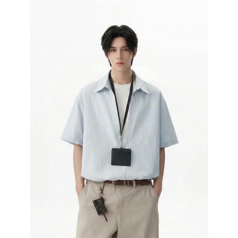 2026 Summer New Men's Fake Two-Piece V-Neck Vertical Striped Shirt with Elastic Hem and Half Sleeves Trendy Brand 2026 Summer New Men's Fake Two-Piece V-Neck Vertical Striped Shirt with Elastic Hem and Half Sleeves Trendy Brand