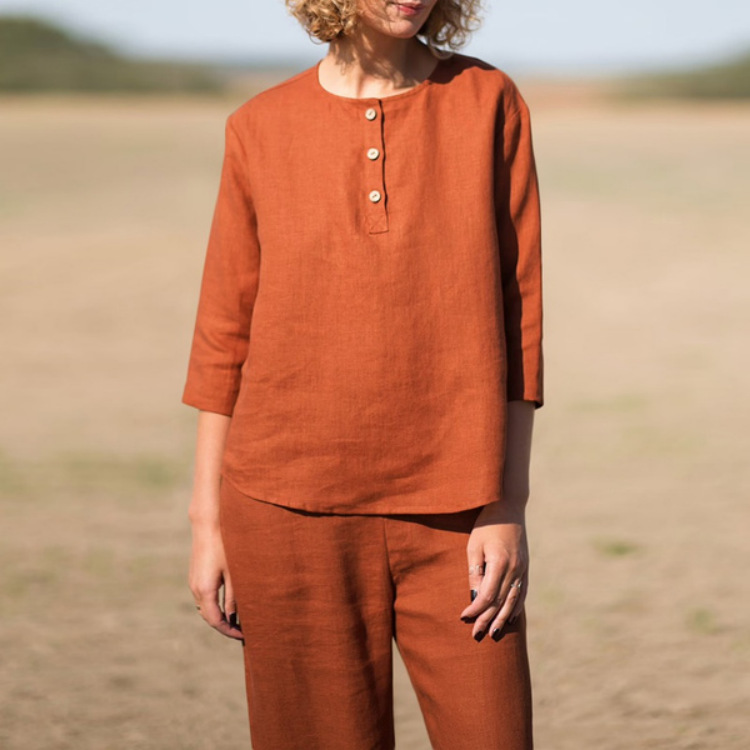 Women's Casual Half Sleeve Pure Color Cotton Round Neck Top Blouse And Pants