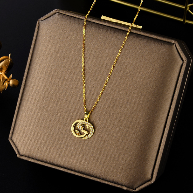 Fashion Geometric Titanium Steel Gold Plated Artificial Diamond Necklace
