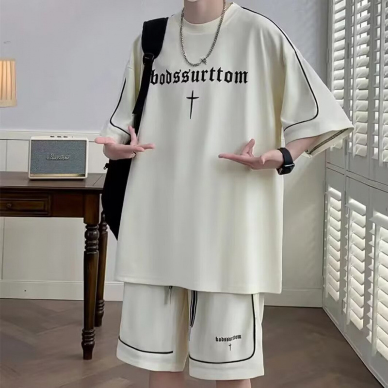 Casual Sports Suit Men's Summer Waffle Short-Sleeved T-Shirt Men's Trendy Half-Sleeved Shorts Set with Two-Piece Set