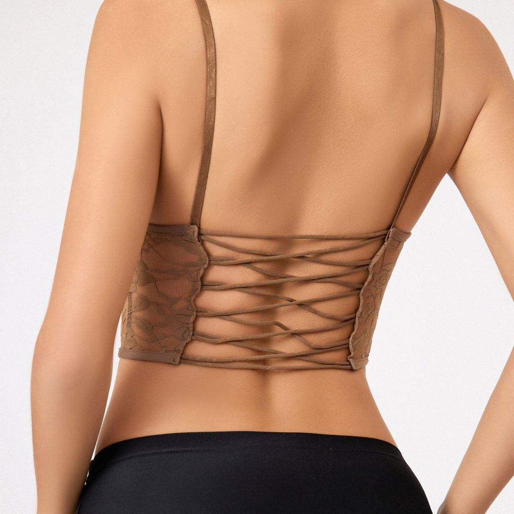 Camisola sexy de encaje con diseño de tiras cruzadas en la espalda, estilo corto irregular, top corto con relleno en el pecho, se puede usar como ropa exterior.