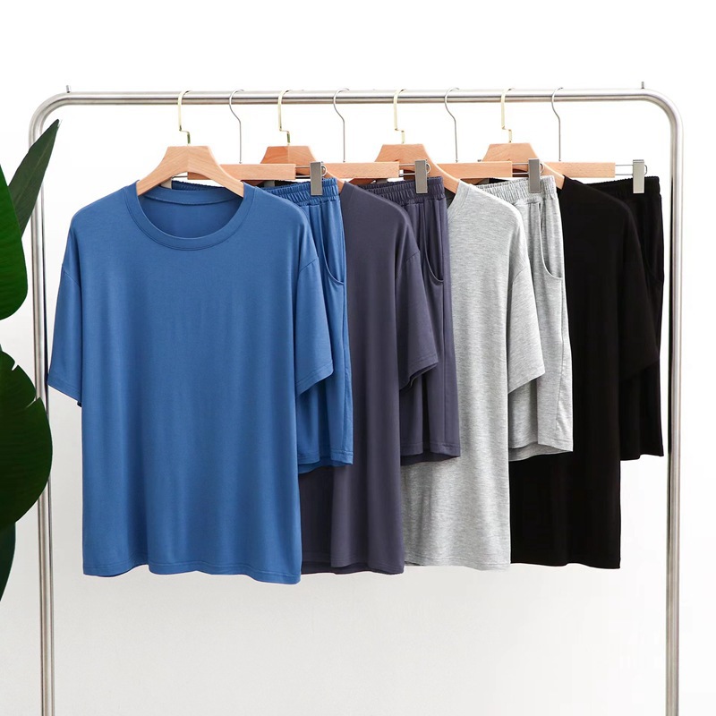 Men's Modal Round Neck Short Sleeve Pocket Shorts Home Wear Summer Thin Casual Large Size Solid Color Pajamas