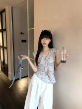 2025夏季新款修身显瘦设计感荷叶边不规则气质格纹雪纺衫上衣女装
