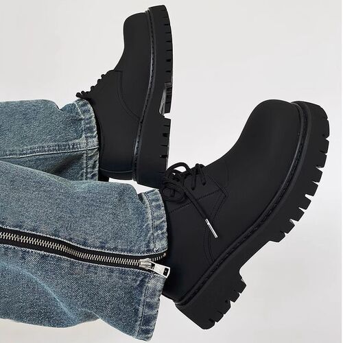 Derby shoes, men's low-cut Martin boots, British style round head shoes, black work shoes, thick soles, height-increasing casual leather shoes