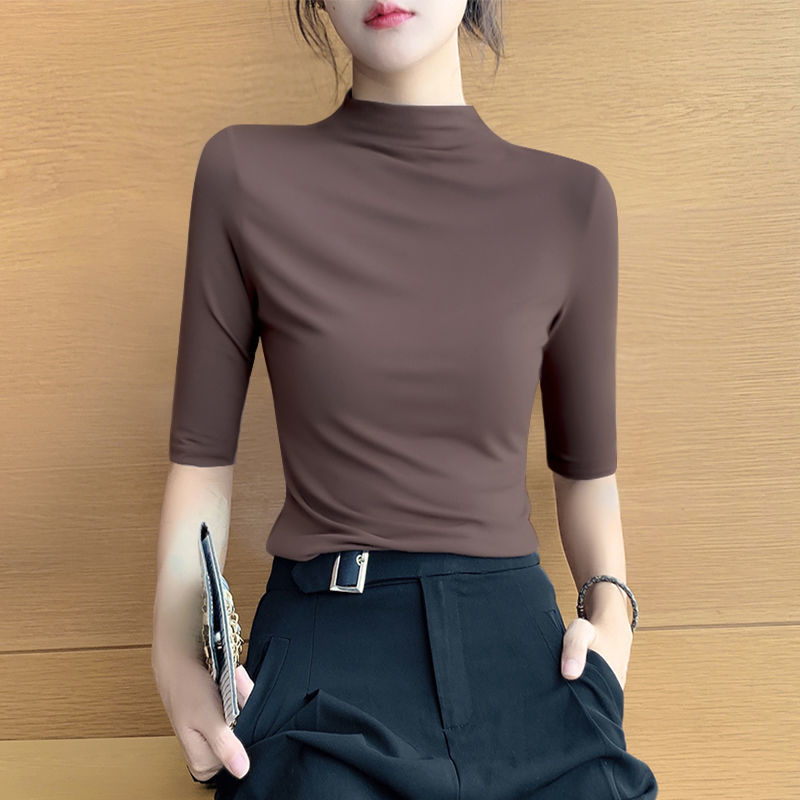 Modal Half-high Collar Mid-sleeve T-shirt Women's 2022 Spring and Autumn New Stretch Slim-fit Slimming Base Half-sleeve Top