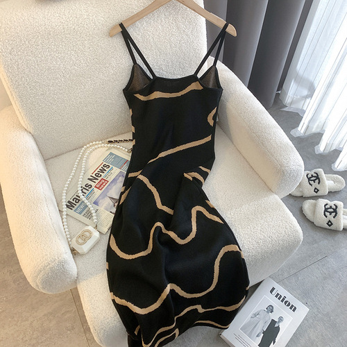 Chic Knit Strappy Dress for Women - Spring/Summer  New Arrival - Medium Length - High-Waisted and Slimming - Colorblock and Elegant Basic Dress