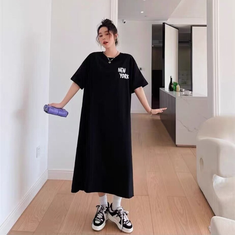 Summer Trendy Slimming T-Shirt Dress, Plus-Size Round Neck, Slit, H-Line, Mori Style, Gentle Style, for Plus-Size Girls and Pregnant Women Summer Trendy Slimming T-Shirt Dress, Plus-Size Round Neck, Slit, H-Line, Mori Style, Gentle Style, for Plus-Size Girls and Pregnant Women