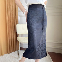 夏季新品醋酸缎面半身裙女旗袍提花中长款一步裙中国风复古包臀裙