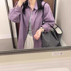 多巴胺紫色纯棉衬衫女秋季新款简约宽松休闲百搭显瘦遮肉衬衣外套