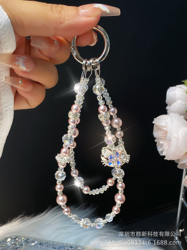 高級ラインストーン KT 猫ダブルチェーン携帯電話ペンダント女性のクリスタル合金チェーンビーズキーバッグバッグペンダントチェーン|undefined