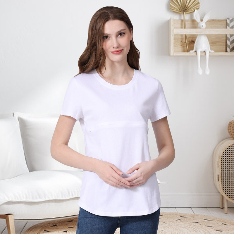 夏の辛いお母さんの妊婦の半袖のtシャツの純綿のファスナーの授乳服の家庭の底のシャツの欧米の大きいサイズは現物を提供します。|undefined