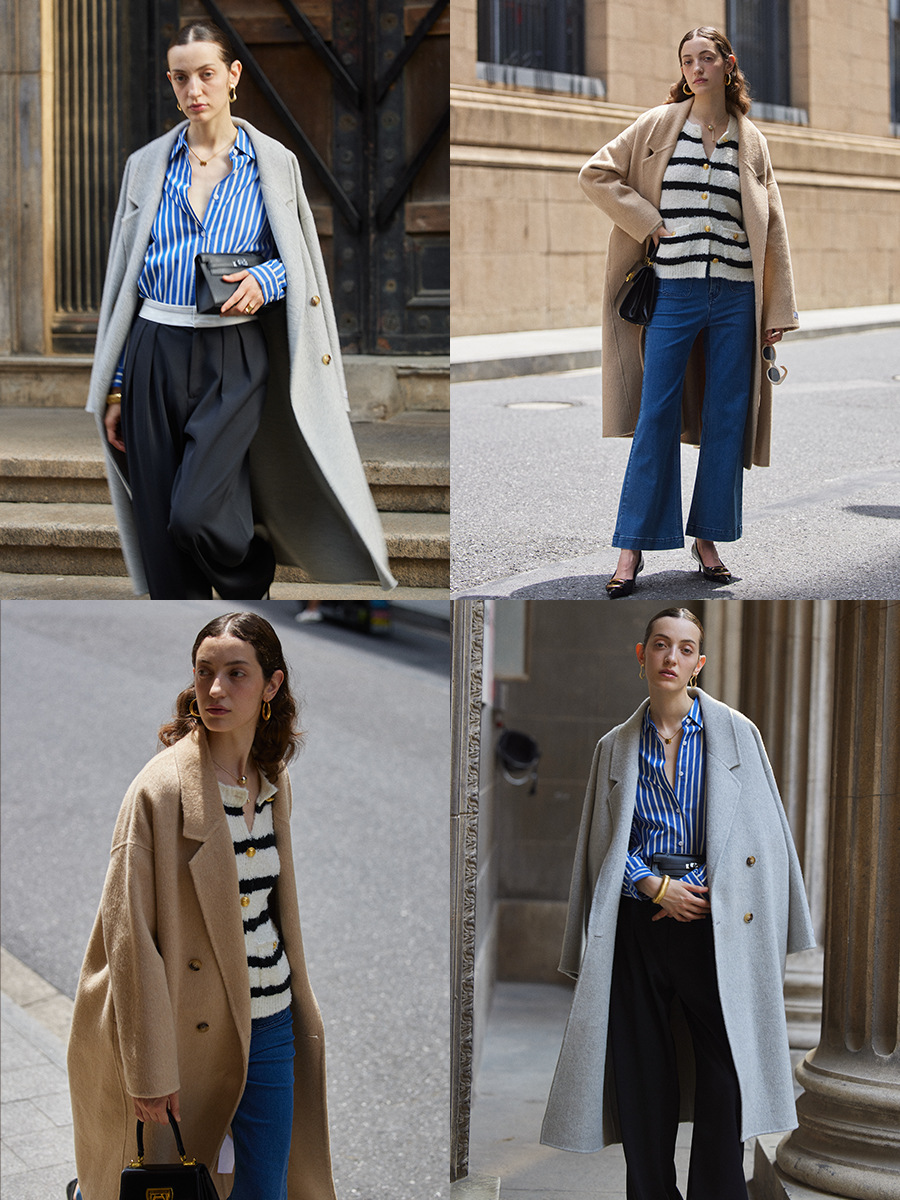 Abrigo de Lana de Doble Cara para Mujer SN3468 Largo con Solapa y Doble Pecho para Otoño e Invierno