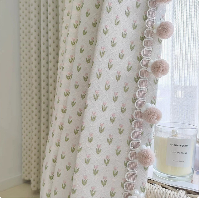 French-Style Fresh and Light Cream-Colored Princess Retro Jacquard Romantic Pink Floral Blackout Curtains for Living Room and Bedroom