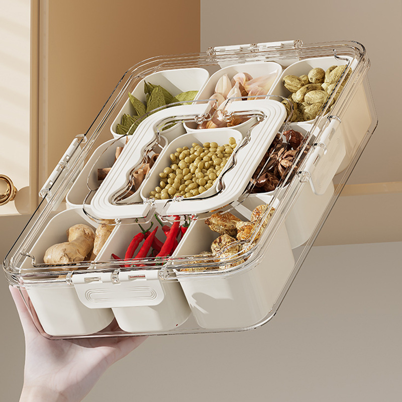 Caja de condimentos de grado alimenticio Caja de condimentos de especias portátiles de nueve puntos Caja de almacenamiento de refrigerador transparente de gran capacidad de cocina