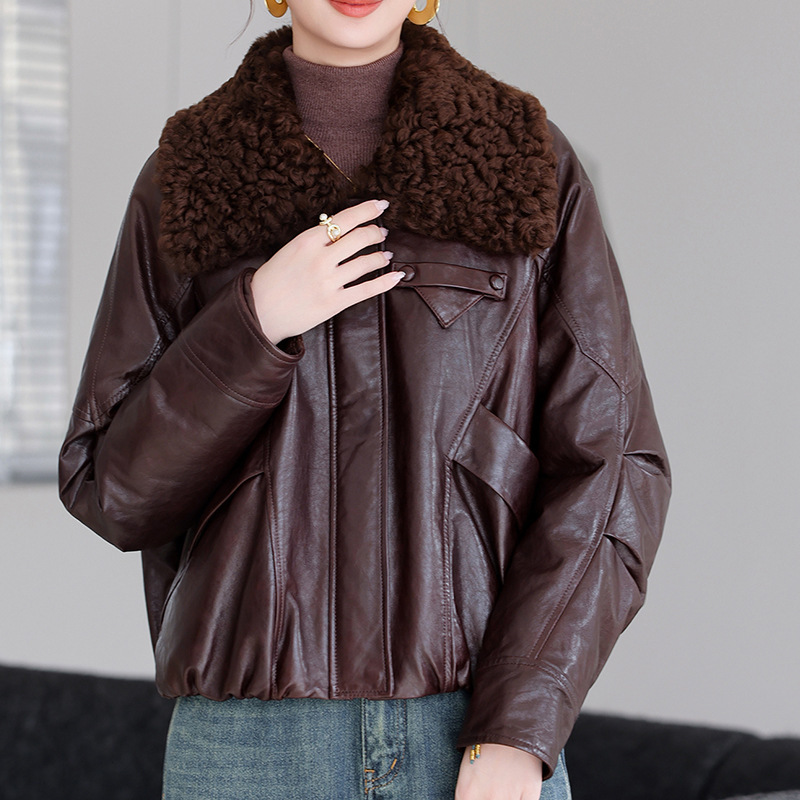 2025 New Winter Oil Wax Goatskin down Jacket Women's Mid-Length Cashmere Fur Collar Loose Fashionable Goatskin Fur