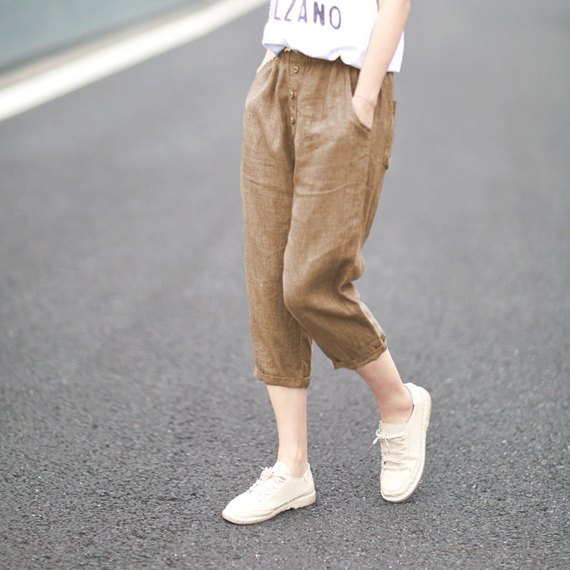 Clearance Sale~ Vintage Cotton and Linen Petite Versatile Capri Pants for Women with Elastic Waist, Casual Harem Pants, Thin Summer Style