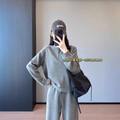 DI920满身高级感~绵羊毛立领半拉链卫衣+高腰直筒阔腿羊毛长裤女