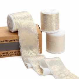 2025新款跨境代发香槟色丝质雪纺缎带 白色折边闪亮款