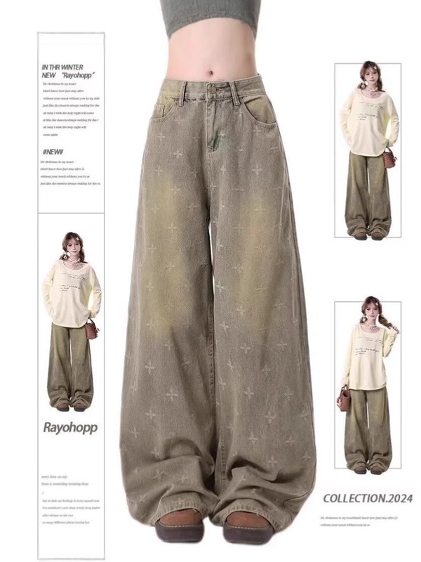 Jeans Women's 2024 Spring and Autumn Retro Heavy Industry Cross Star Full Print Design Loose Washable Old Straight Pants Trendy
