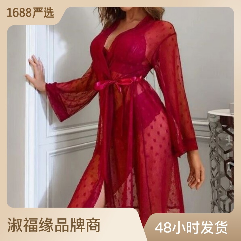 Lencería sexy transparente de encaje sexy camisón de malla de tul vestido de suspensión Albornoz conjunto de tres piezas