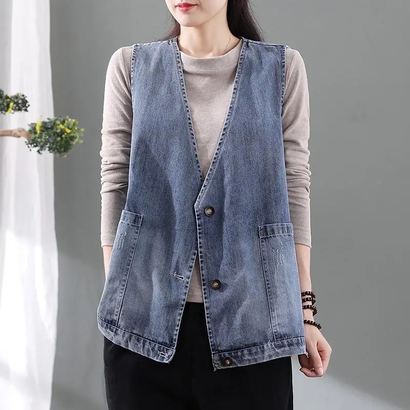 2021春夏新款文艺复古牛仔马甲女宽松百搭背心休闲开衫短外套上衣|ms