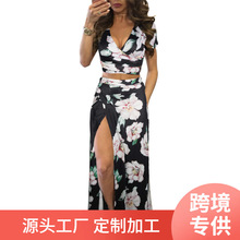 2022新款跨境亚马逊爆款女式性感 V 领花卉印花侧开叉两件套长裙