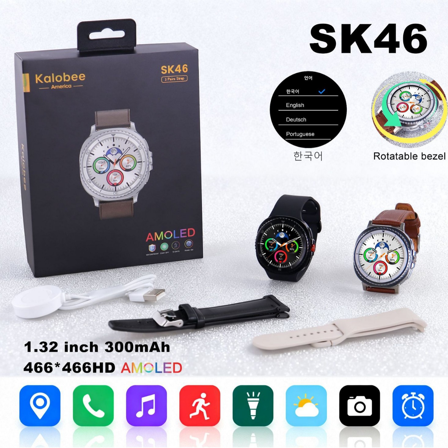 kalobee sk46 跨境AMOLED圆屏智能手表运动手表防水心率监测手环
