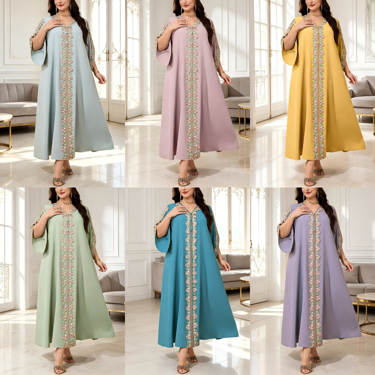 Cross-border plus-size women's clothing, available in multiple colors, embroidered long robe, V-neck, heavy-duty lace-trimmed button dress, loose fit, long sleeves.