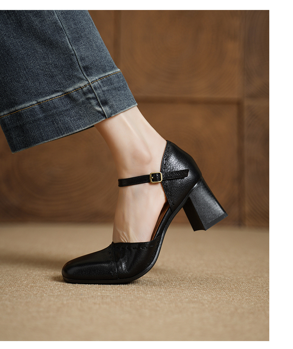 Giày sandal cao gót nữ quai ngang mũi vuông gót 6 cm — đen chi tiết 8